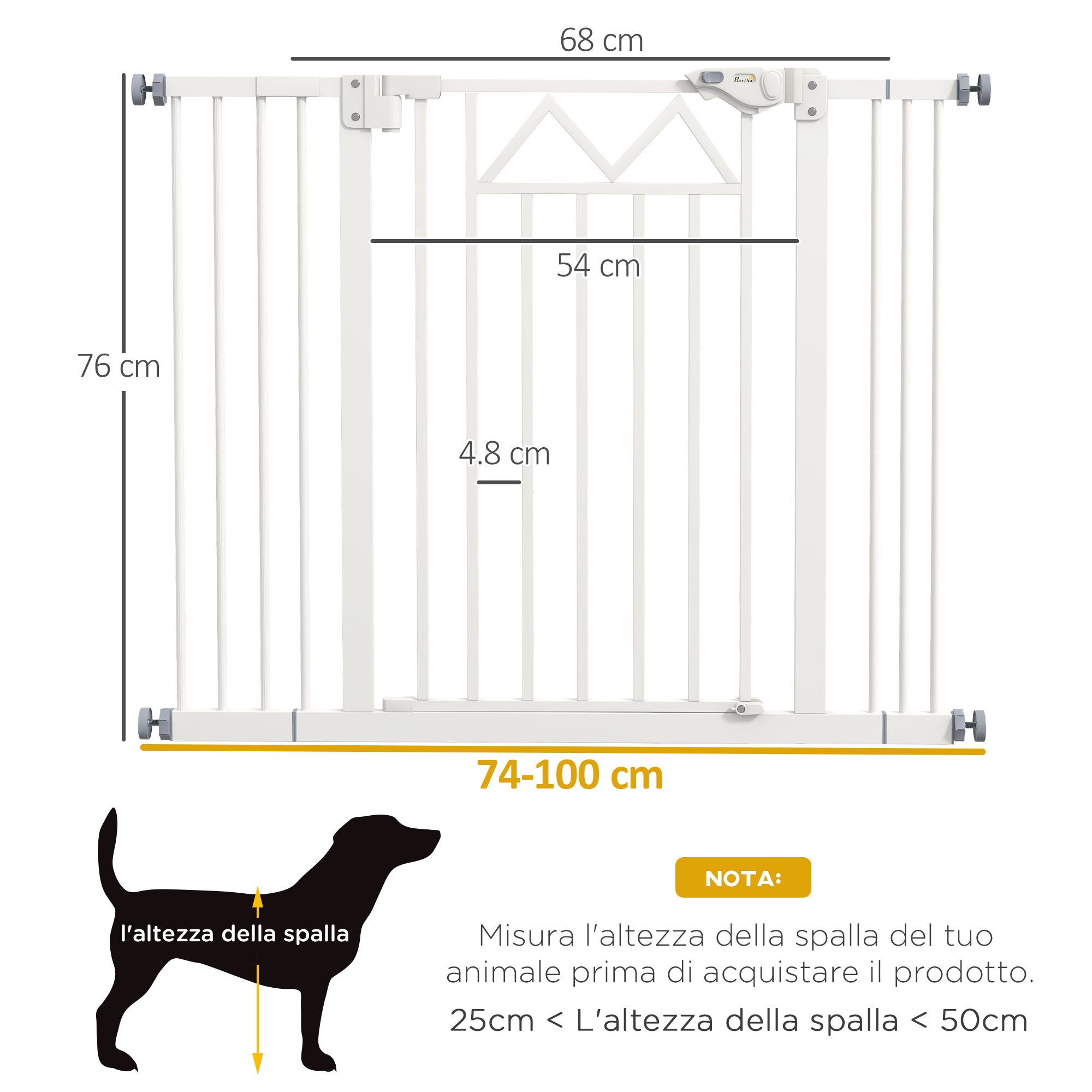 Small and Medium Dog Gate with Automatic Closing, in Steel and PA, 74-100x76 cm, White - Borgè