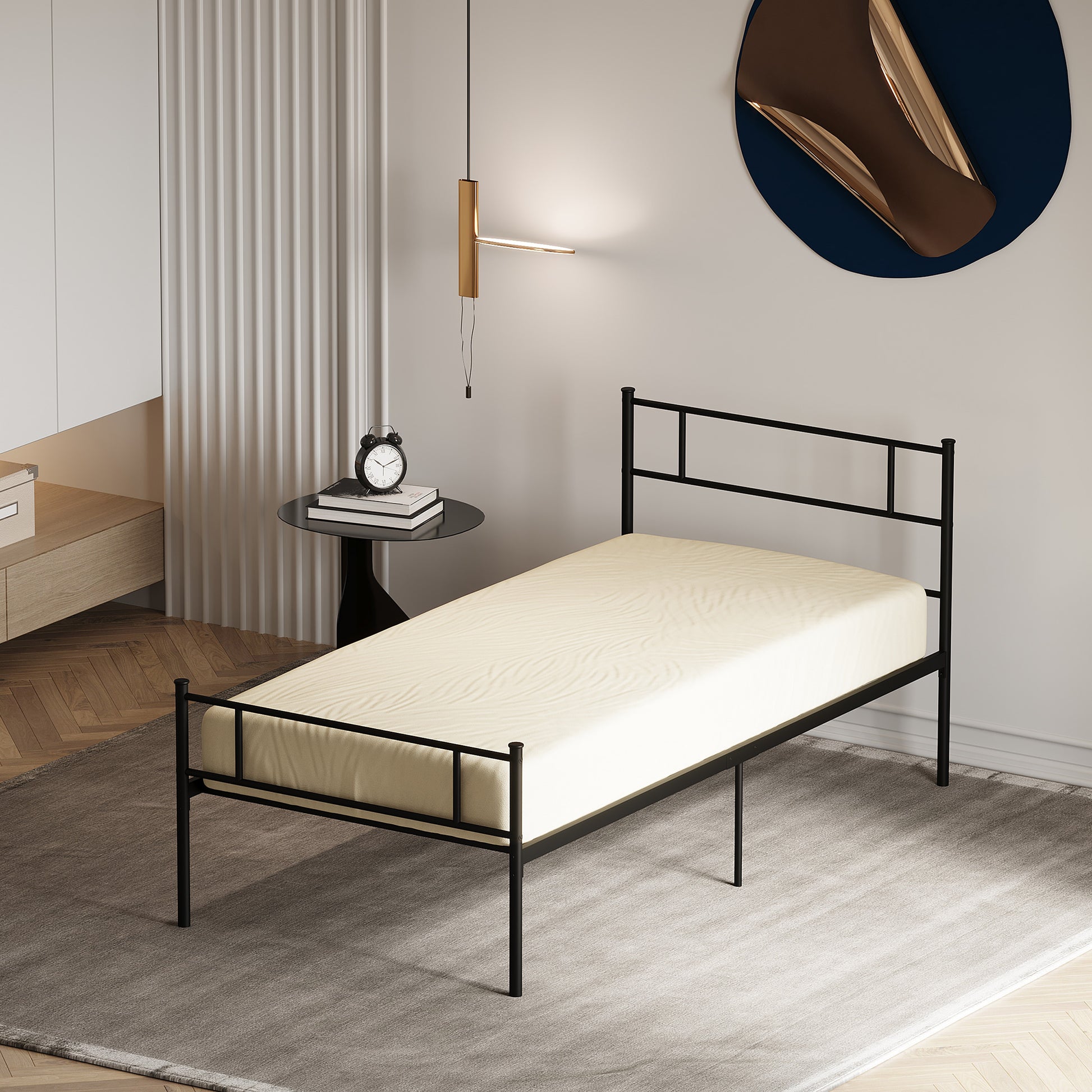 Single Steel Bed Frame 90x200cm with Slats, Headboard and Footboard, Black - Borgè