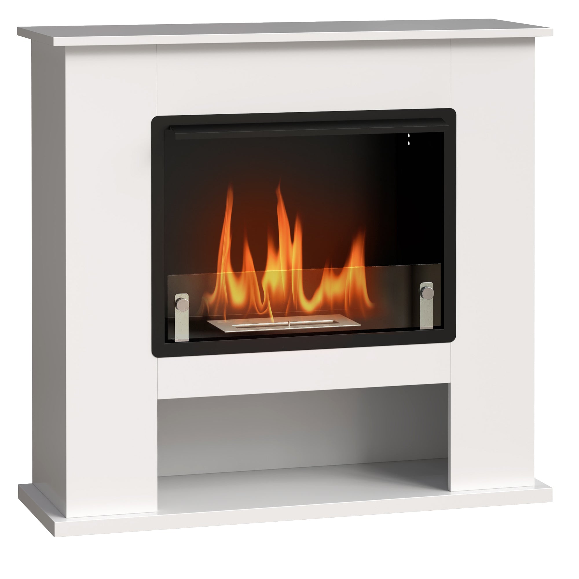 Bioethanol Fireplace 0.9L with Bottom Shelf, Stainless Steel and Tempered Glass, 86x30x82 cm, White