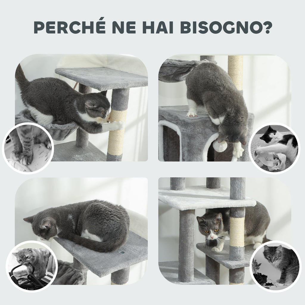 Cat Tree with 2 Cat Houses, Ramp, Perches and 4 Balls, 48x40x165 cm, Grey and White