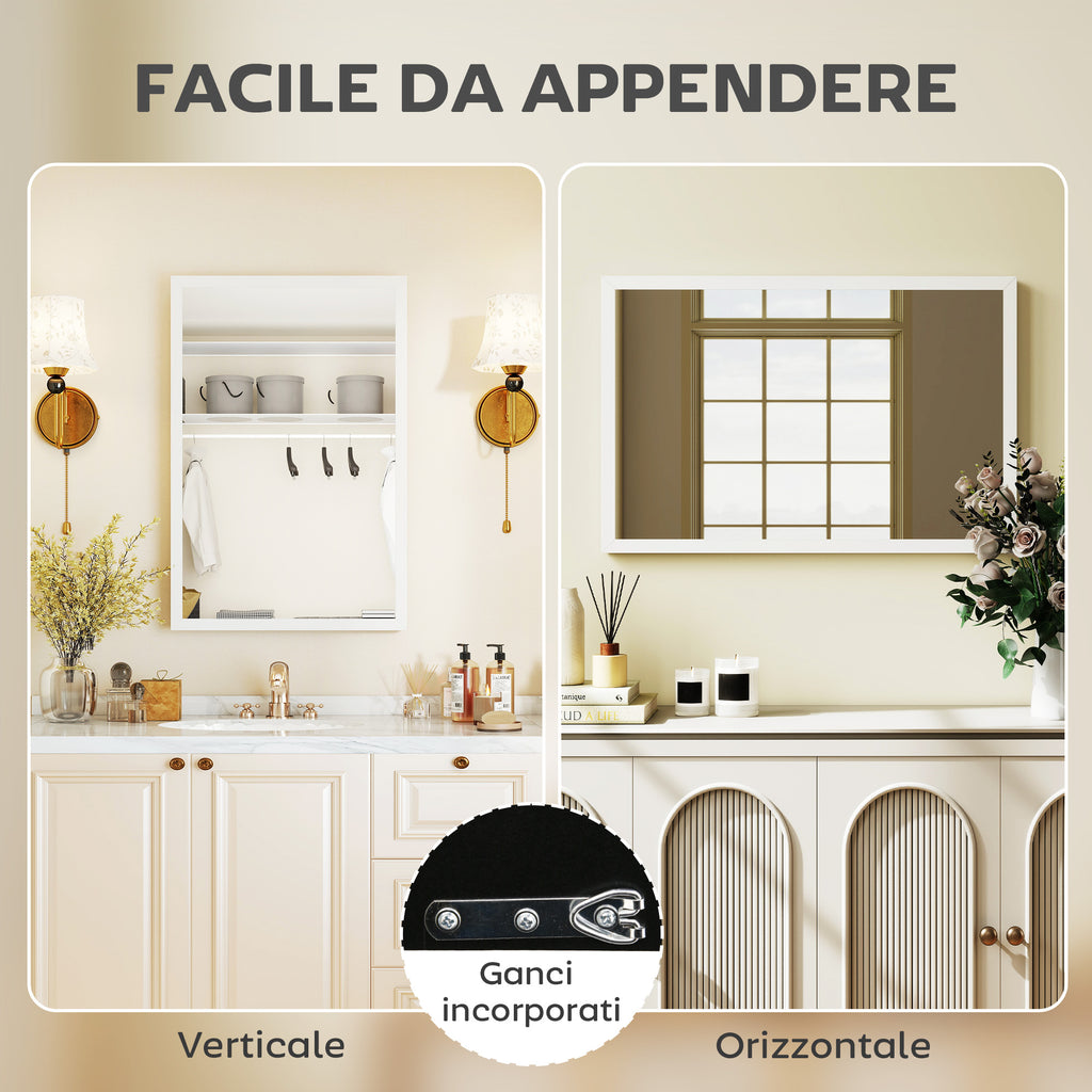 HOMCOM Rectangular Wall Mirror with Hooks, Glass and MDF Wall Mirror, 40x60 cm, White