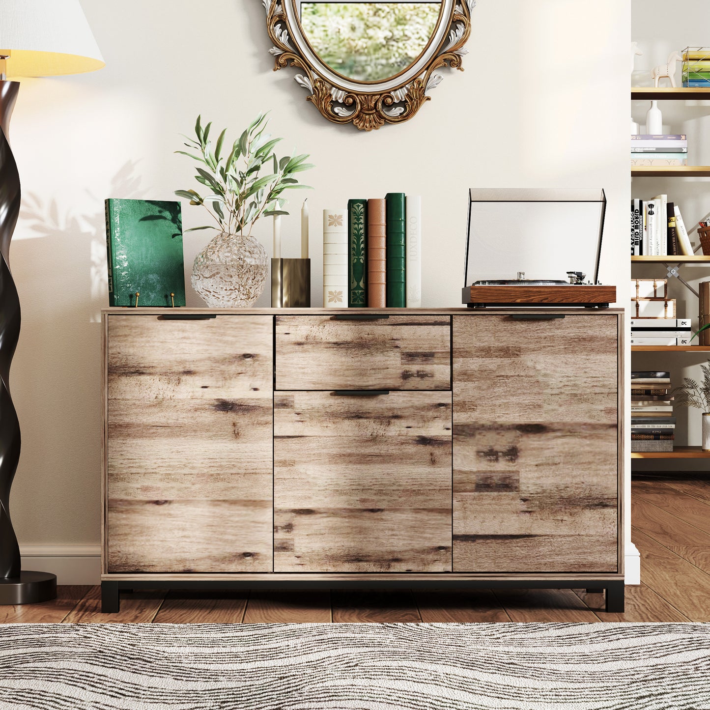 Industrial Style Sideboard with Drawer and 3 Cabinets, Brown Wood, 120x36.5x70 cm