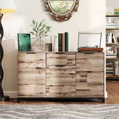 Industrial Style Sideboard with Drawer and 3 Cabinets, Brown Wood, 120x36.5x70 cm