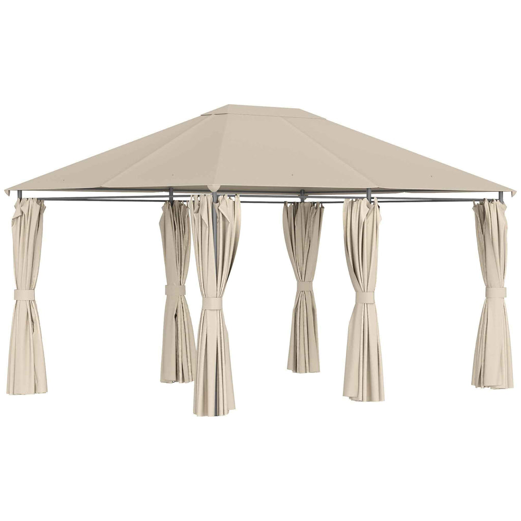 Outsunny 4x3m Garden Gazebo with 6 Removable Curtains, Metal Frame and Beige Polyester Canopy