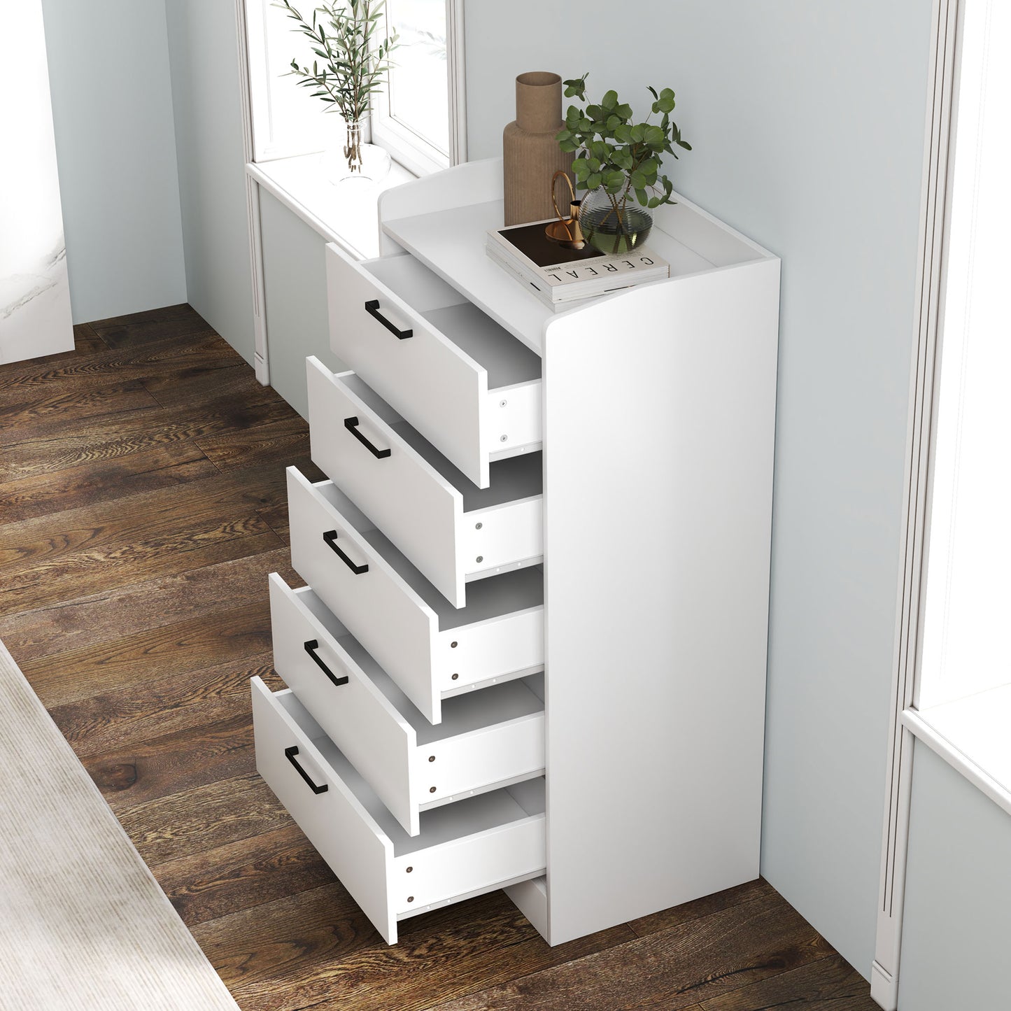 Wooden 5-Drawer Chest of Drawers with Steel Handles, 60x40x114 cm, White