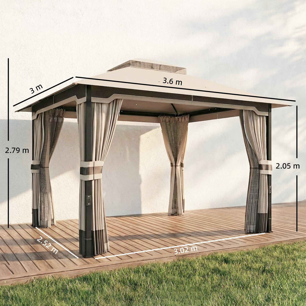Outsunny Gazebo 3x3.6m with Mosquito Net, Curtains, Double-Layer Roof, Khaki