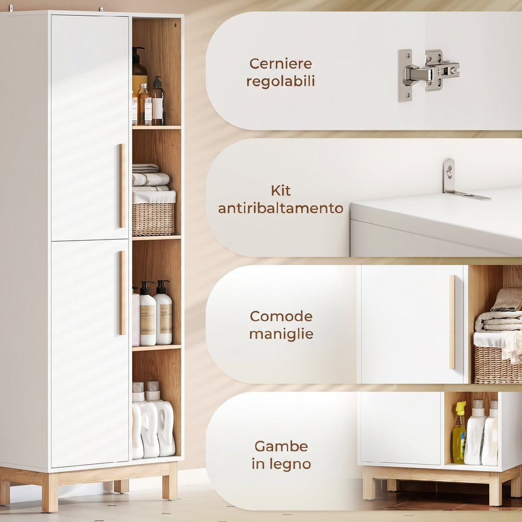 HOMCOM Tall Bathroom Cabinet, Space-Saving Bathroom Cabinet with 2 Doors and 4 Open Shelves, Adjustable Shelves, for Laundry Room, 62.5x35x176 cm, White