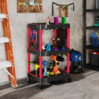 3-Tier Plastic Tool Cart with Side Perforated Panel, Black and Red