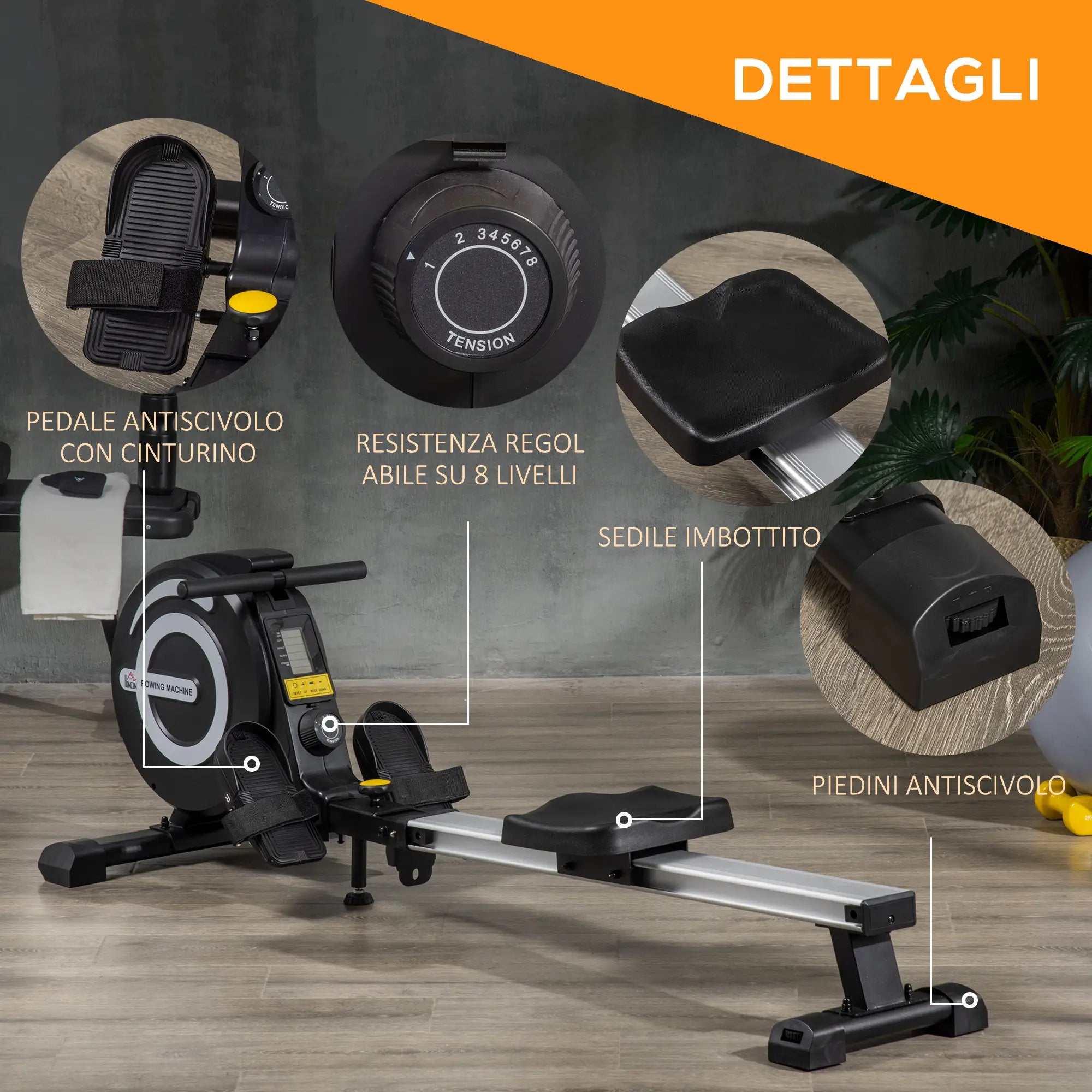 Folding Magnetic Rowing Machine for Home Training, 8-Level Adjustable Flywheel and LCD Monitor, 185x58x57cm, Black - Borge' Group Limited