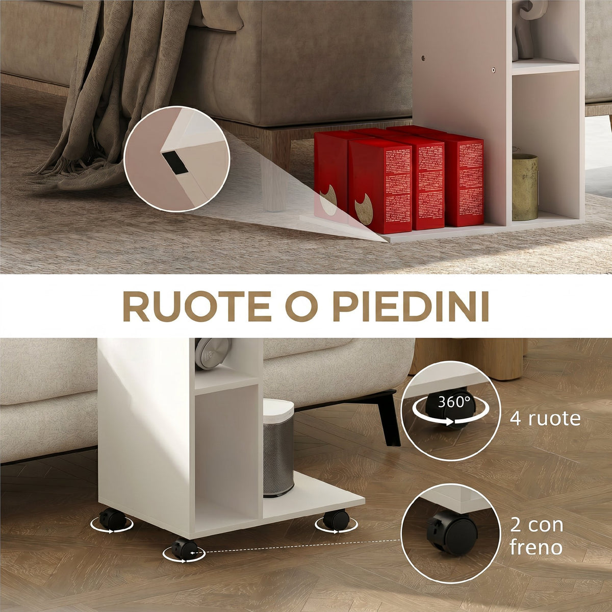 HOMCOM C-Shaped Wooden Coffee Table with Wheels and Open Shelf, 40x30x69 cm, White