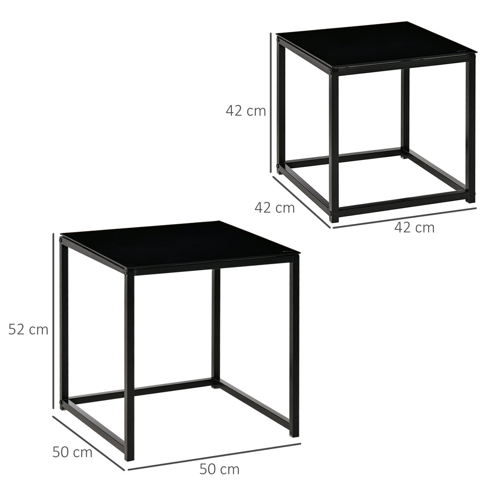 Homcom Set 2 Modern Square Living Room Tables, in steel and tempered glass, black - Borgè