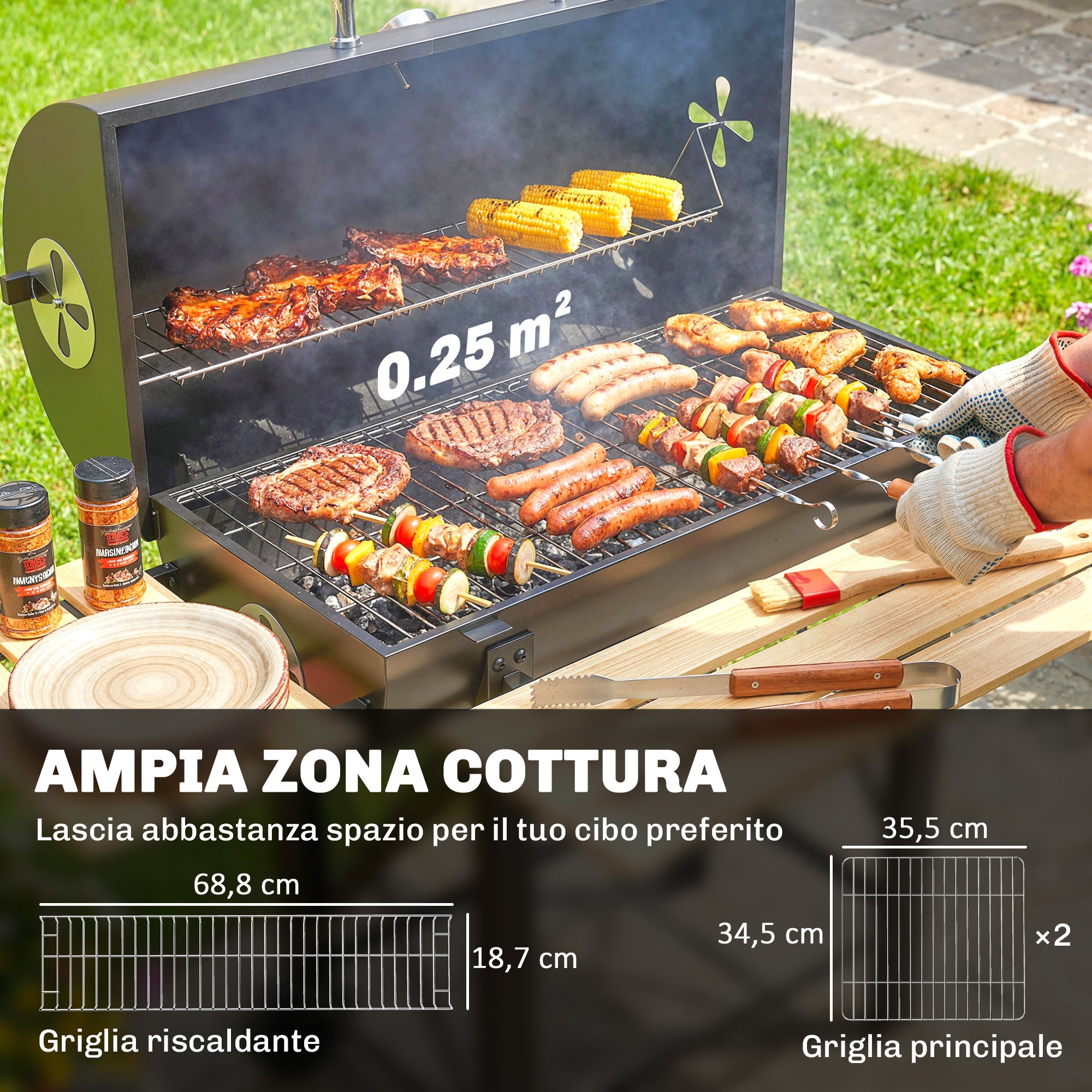 Outsunny Charcoal Barbecue, Mobile Grill with Folding Shelves and Thermometer
