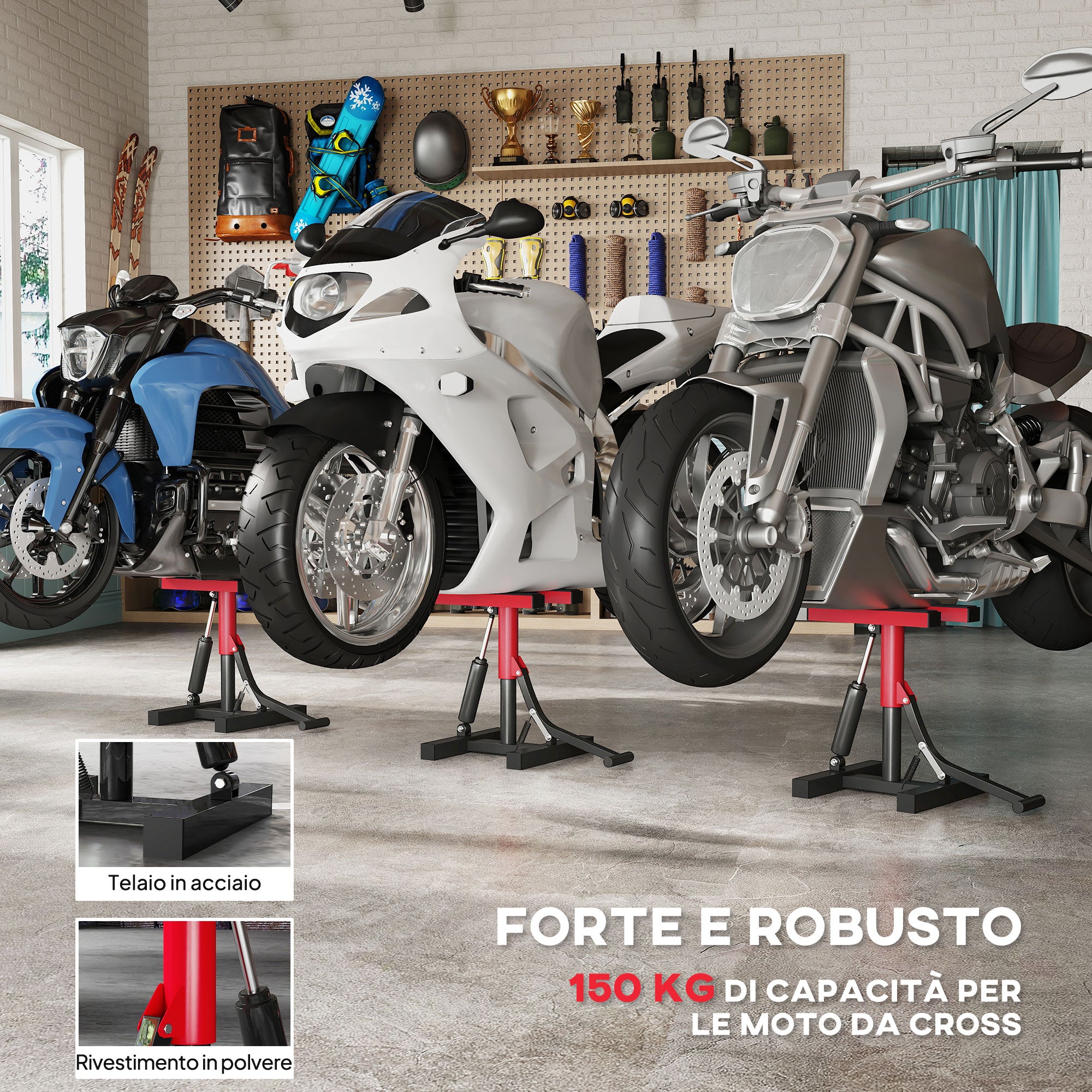 Steel Motorcycle Stand, 150kg Capacity, Adjustable Height and Non-Slip Surface, Red