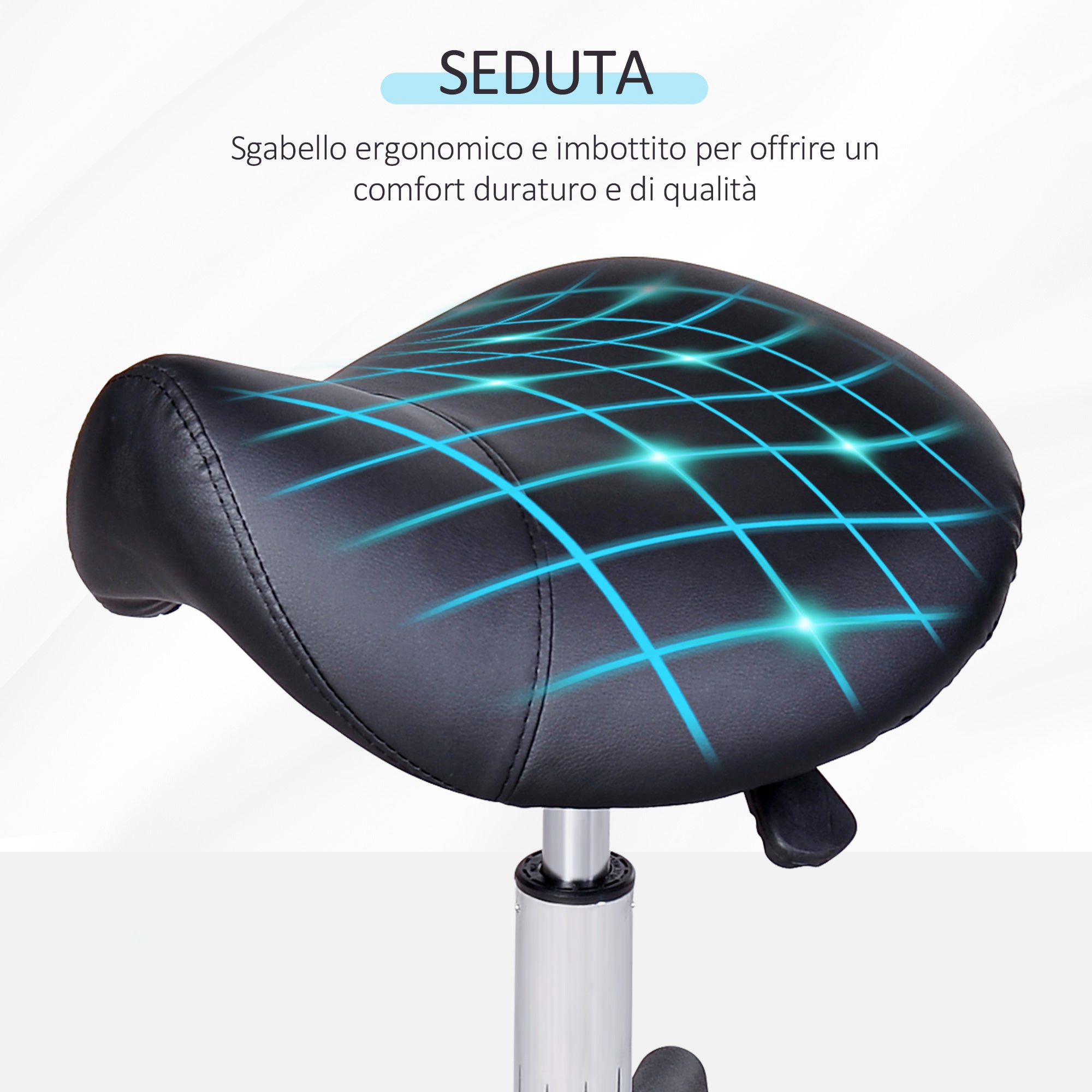 HOMCOM Swivel Saddle Stool with Wheels and Adjustable Height, Padded and Covered in Faux Leather, Black - Borgè