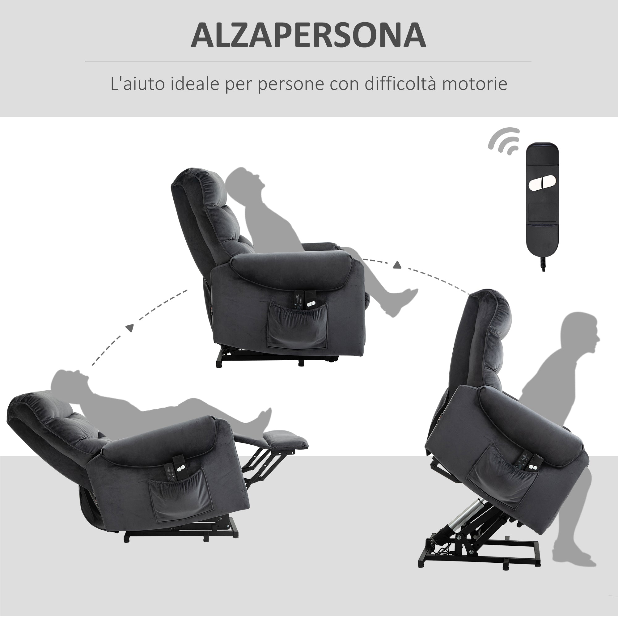 Reclining Relax Chair, 135 ° Massage and Lift with Remote Control, 79x97x103cm, Grey - Borgè