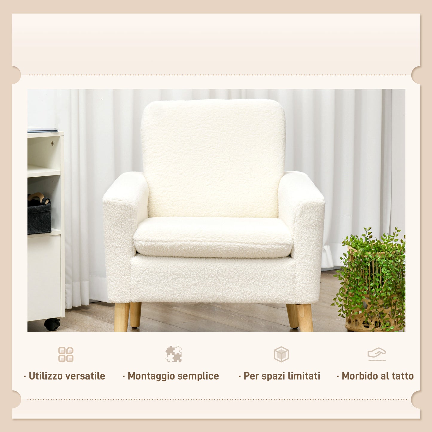 HOMCOM Padded Living Room Armchair, Modern Armchair in Fleece and Wood, 75x78x81 cm, Cream White