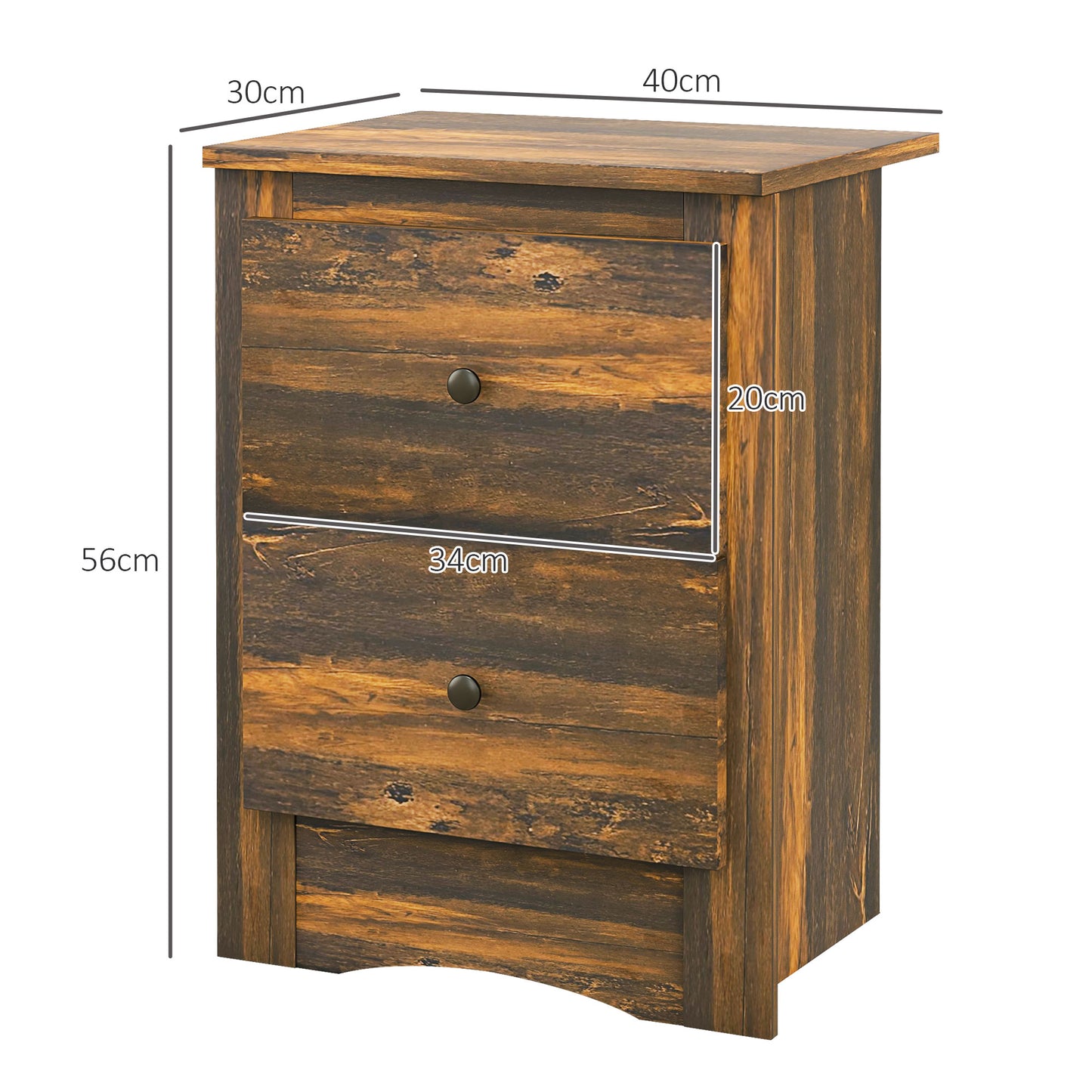 Rustic Style Wooden Bedside Table with 2 Drawers, 40x30x56 cm, Brown