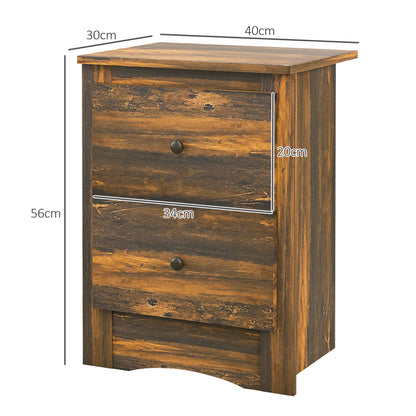 Rustic Style Wooden Bedside Table with 2 Drawers, 40x30x56 cm, Brown