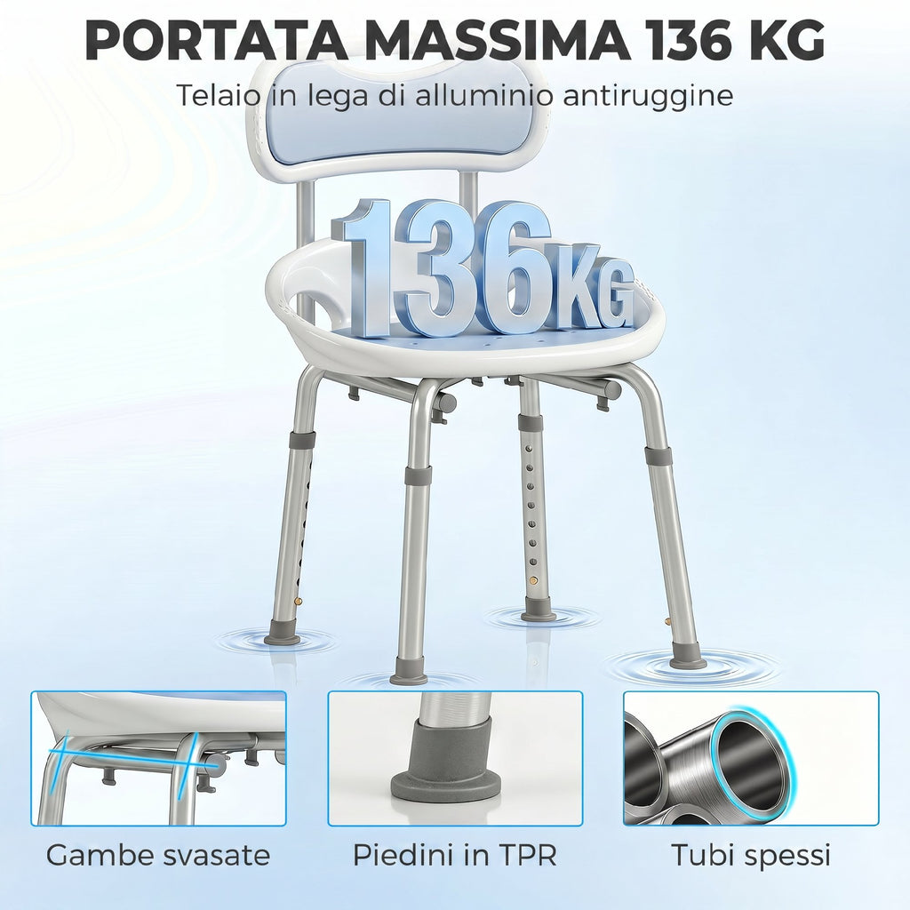 HOMCOM Shower Chair with Backrest and Perforated Seat, 8 Adjustable Heights, Non-Slip, Load Capacity 136kg, Blue