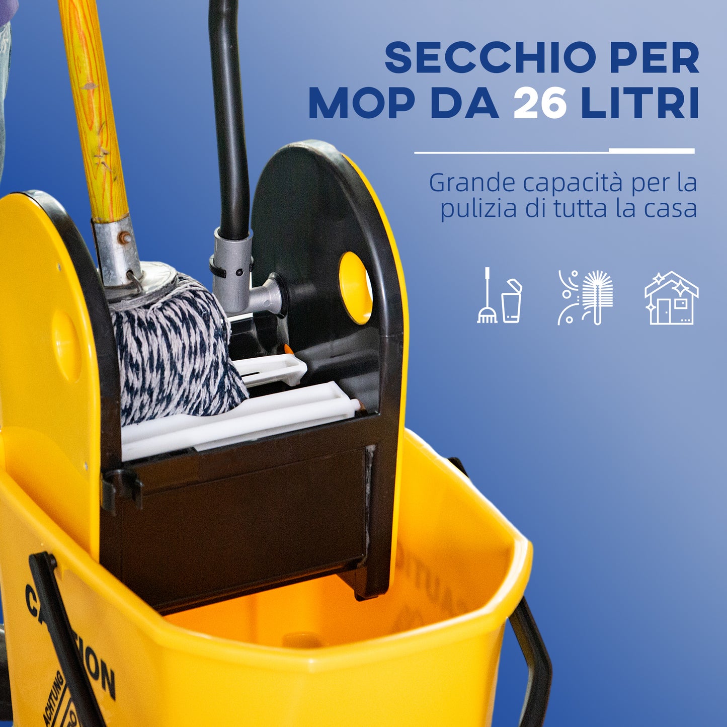 HOMCOM Professional Mop Bucket with Manual Wringer, 4 Wheels and Metal Handle, Yellow