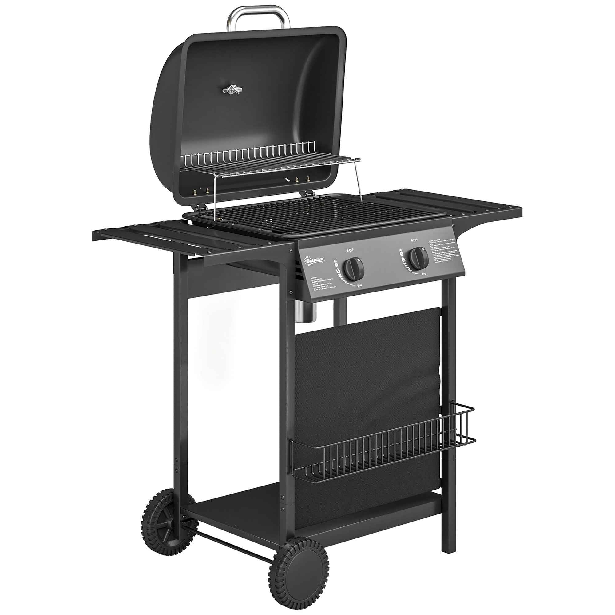 Outsunny Gas Barbecue, 2 Burners, Side Tables, Grease Tray, Black.