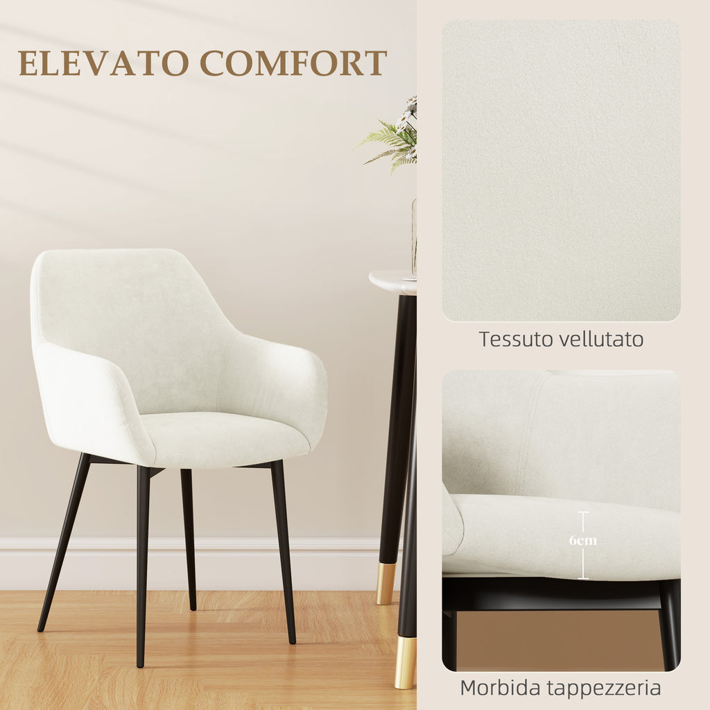 Set of 2 Nordic Dining Chairs Padded with Curved Armrests in Velvet Effect Fabric, 54x57x80 cm, Cream