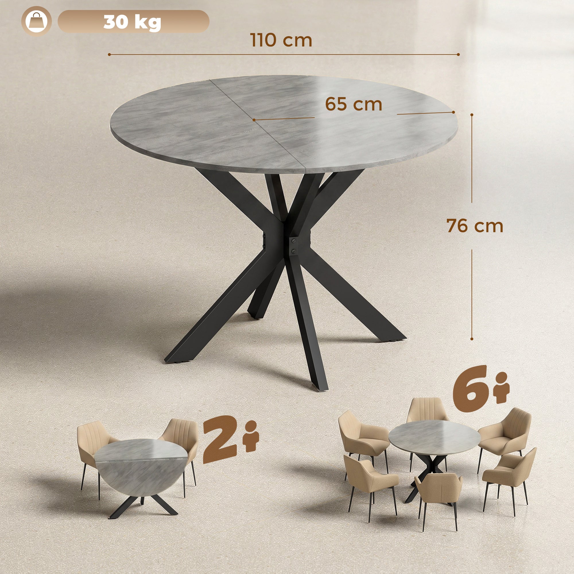 HOMCOM Folding Table for 2-6 People, Folding Wings, Double X Steel Frame, Cement Grey