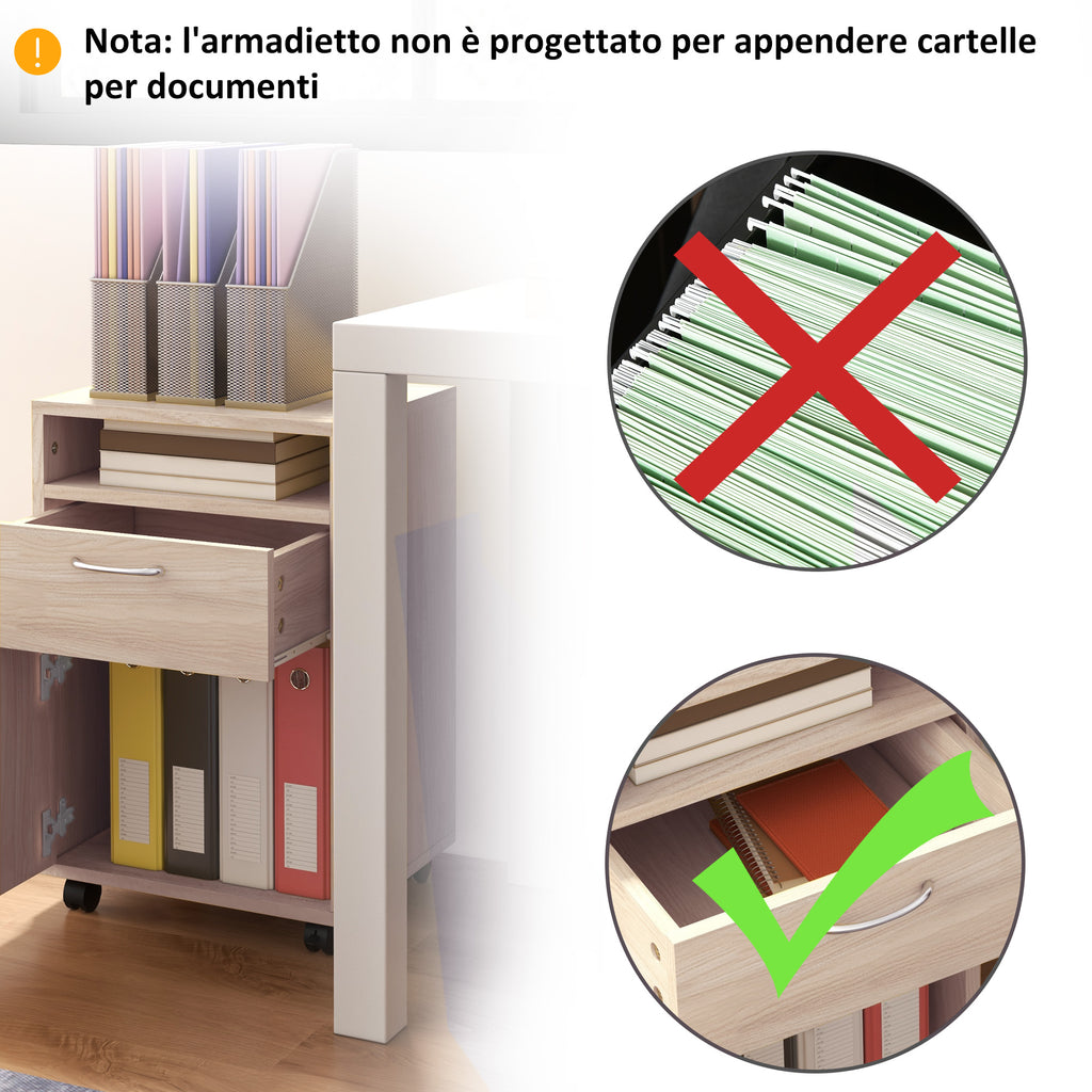 Office Drawer Cabinet Document Holder with Open Shelf and 2 Drawers, in Wood and Metal, 40x35x60 cm, Oak