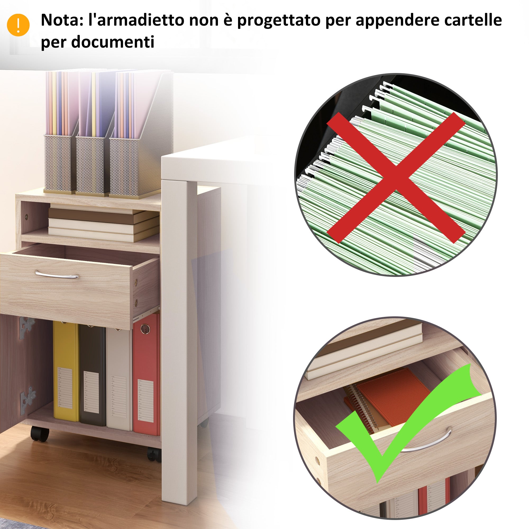 Office Drawer Cabinet Document Holder with Open Shelf and 2 Drawers, in Wood and Metal, 40x35x60 cm, Oak
