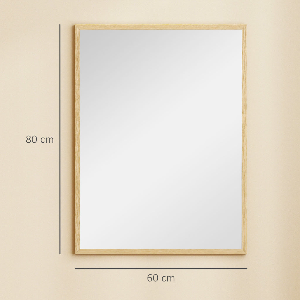 HOMCOM Rectangular Wall Mirror with Hooks, Glass and MDF, 60x80 cm, Wood Color