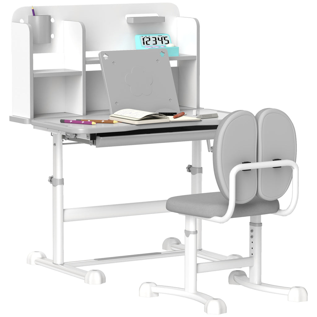 Adjustable Children's Desk and Chair Set, School Desk with Tiltable Top, Drawer, Shelf, Grey