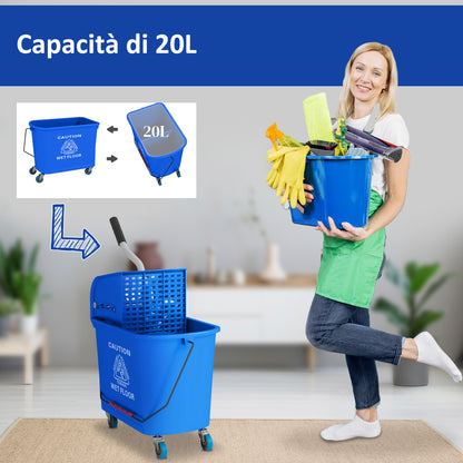 20L PP Plastic Cleaning Trolley with Bucket and Wringer, 60x27x70.5 cm, Blue