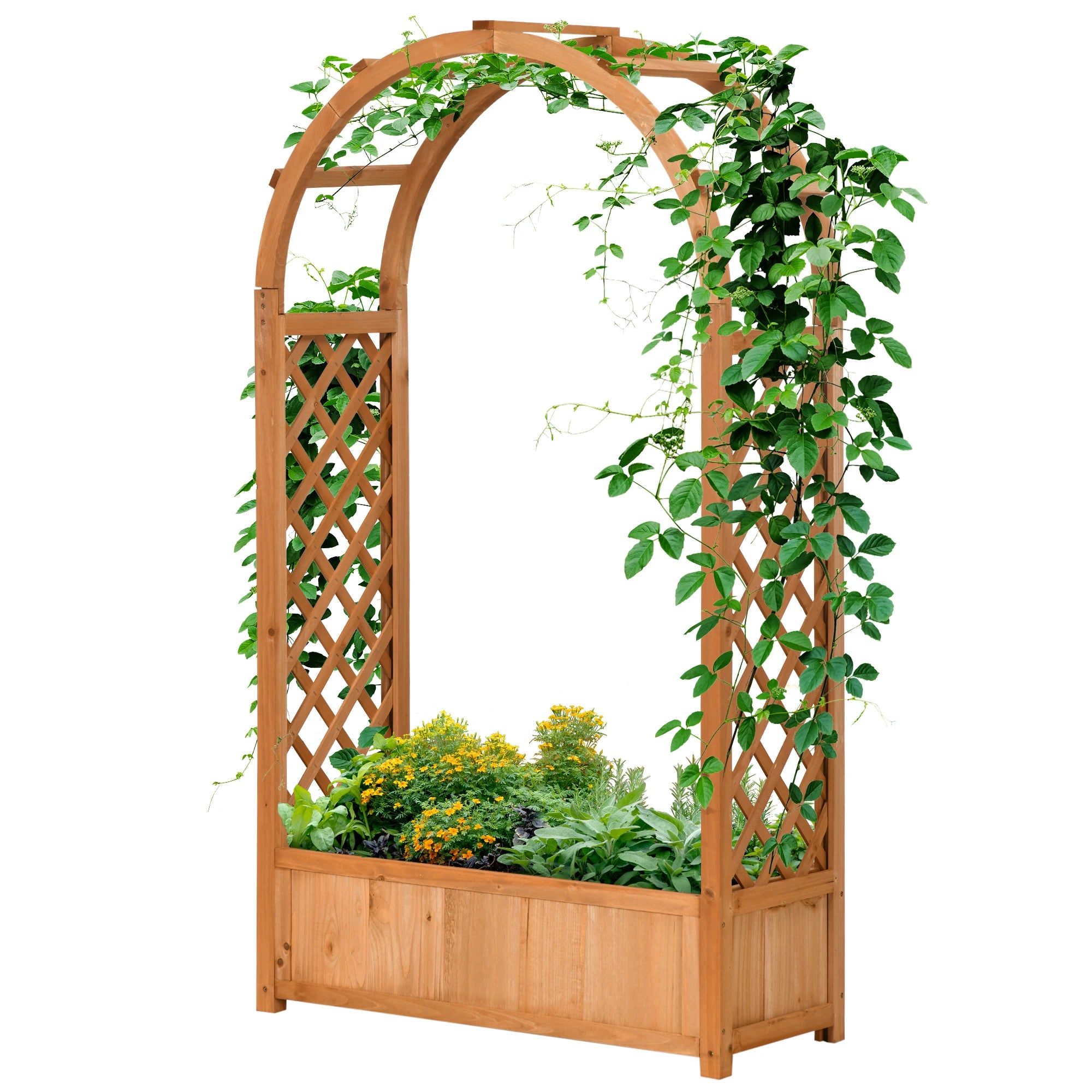 Outdoor Hollow Bottom Planter in Brown Fir with Decorative Arch and Trellis for Climbing Plants, 83x36x152 cm - Borge' Group Limited