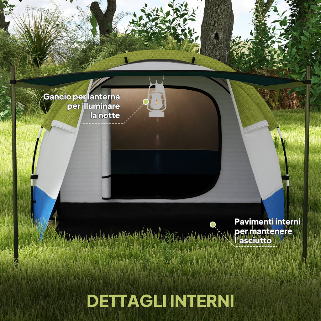 Waterproof Camping Tent with 2 Areas and 3 Entrances, Polyester and Fiberglass, 420x200x150 cm, Green