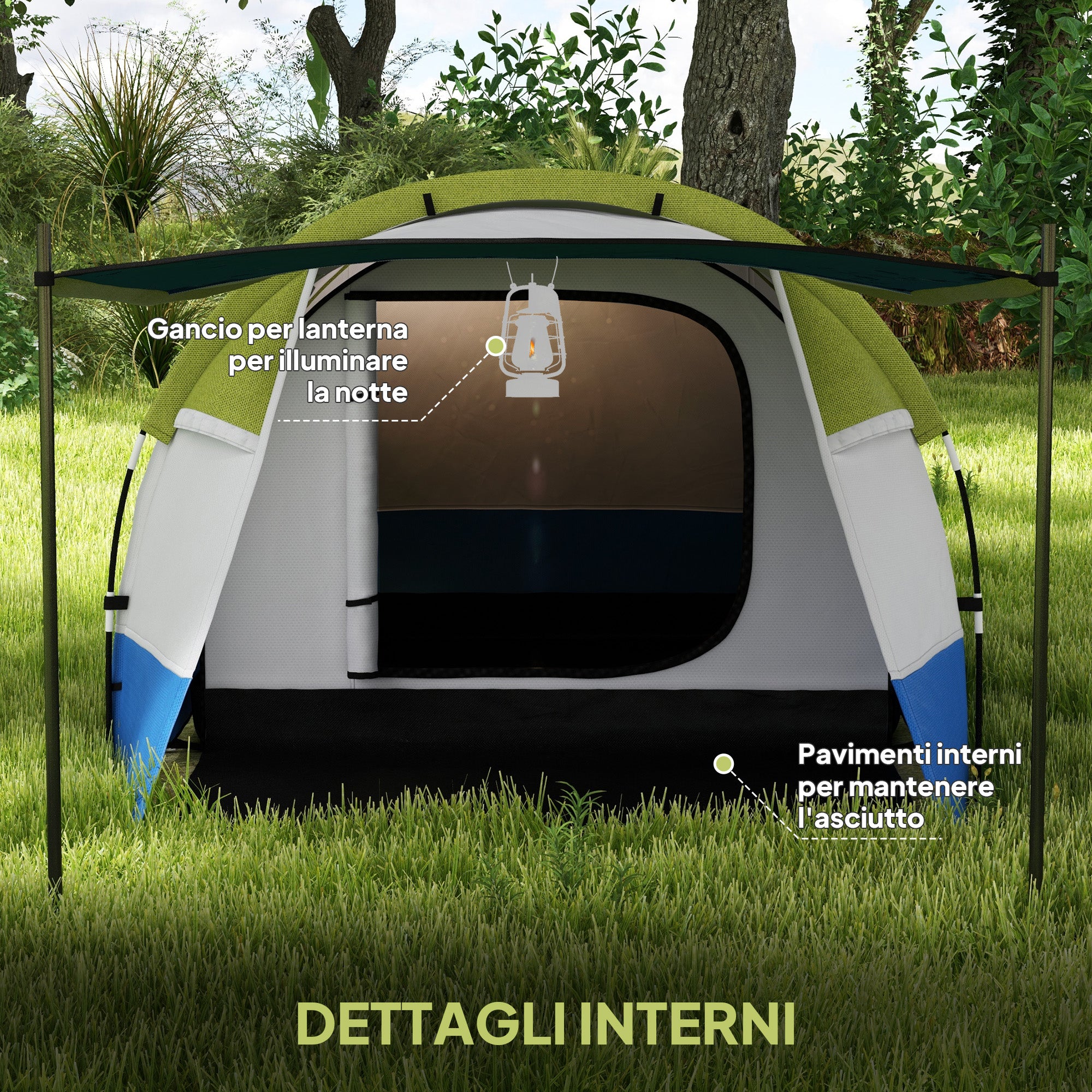 Waterproof Camping Tent with 2 Areas and 3 Entrances, Polyester and Fiberglass, 420x200x150 cm, Green