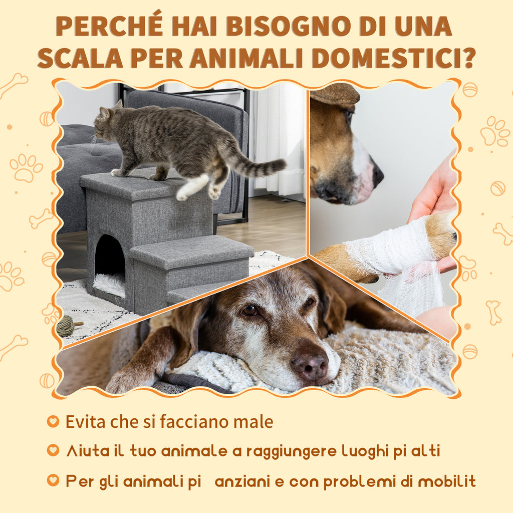 3-Step Dog and Cat Ladder 10kg max with Dog House and Storage Space, 73.5x33x40.5 cm, Grey