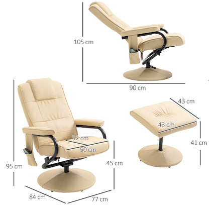 Relaxing Chair with Footrest, Reclining Armchair 145° with 10 Massage Points and Remote Control in Faux Leather, Cream