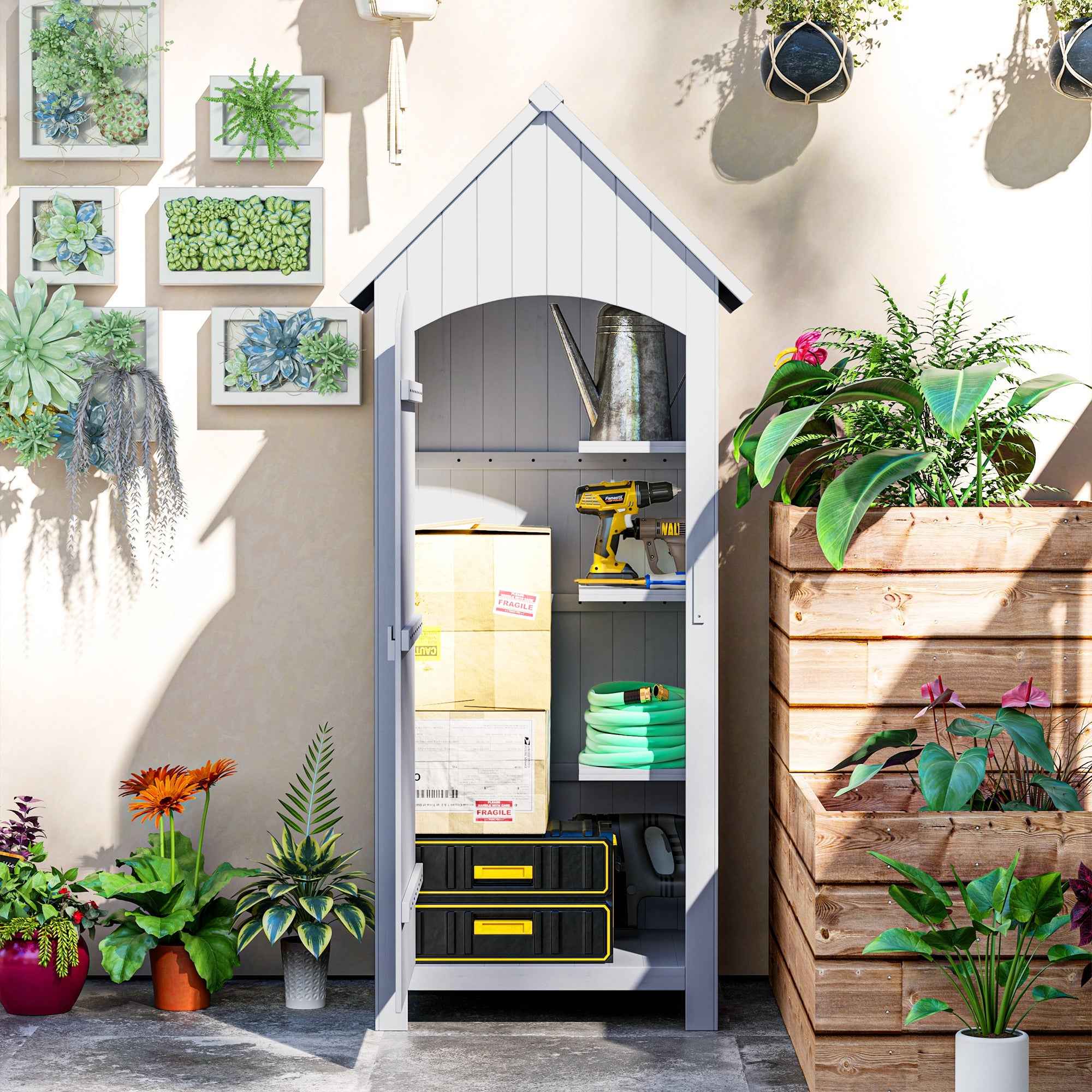 Outsunny 3-Shelf Wooden Tool Shed with Waterproof Bitumen Roof, 77.5 x 54.2 x 179.5 cm, White