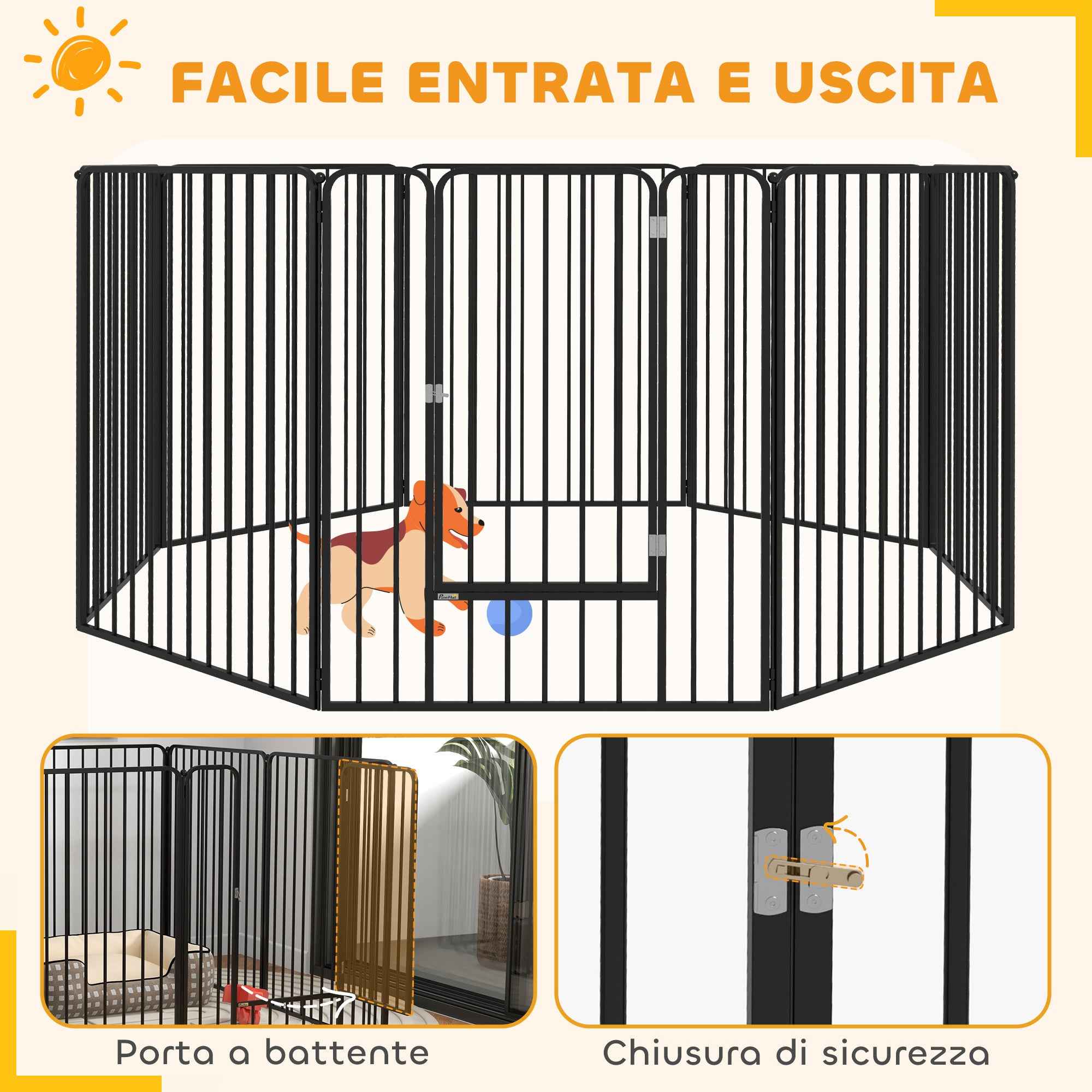 PawHut 8-Panel Modular Indoor/Outdoor Dog Kennel with 9 Pegs, Steel, 164x164x100 cm, Black