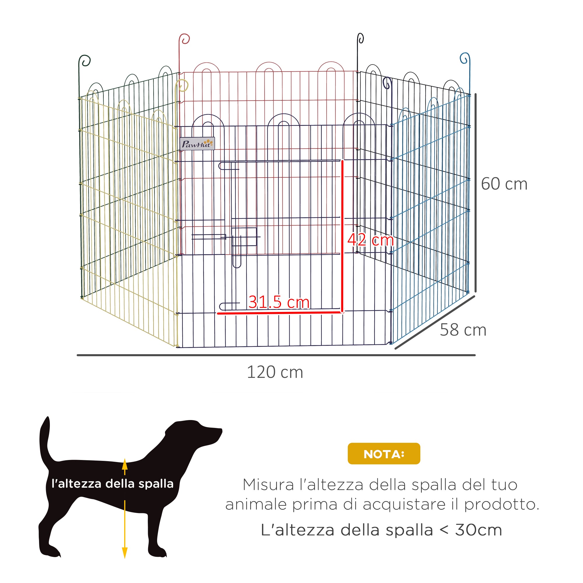 PawHut 6-Panel Metal Dog Gate with Snap Closure, Ø120x60 cm, Multicolour - Borgè