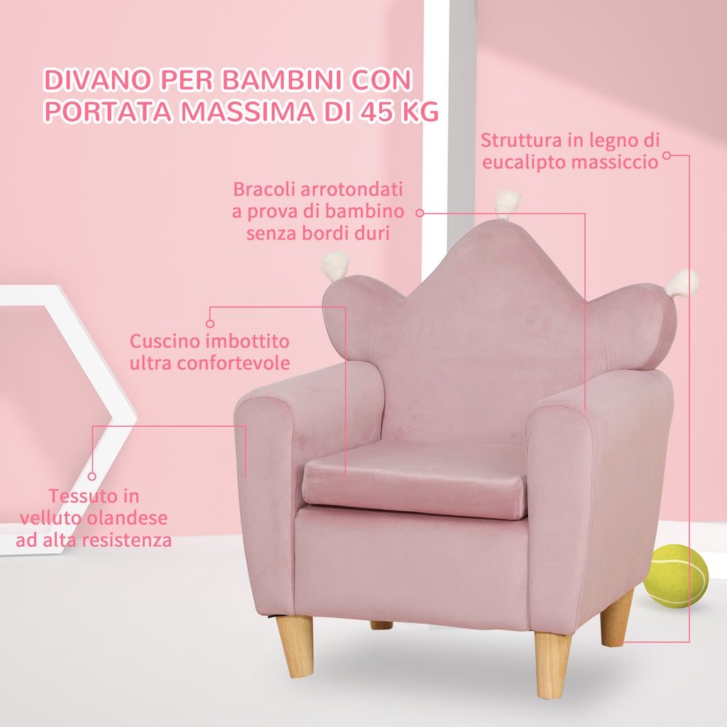 Pink Velvet Fabric Children's Armchair with Crown Backrest, 50.2 x 41.9 x 57.8 cm