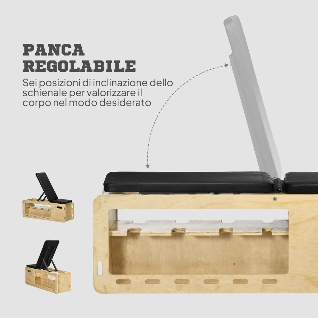 HOMCOM Multifunctional Bench with Adjustable Backrest, Storage Compartment, Rack for Weights and Elastic Bands, Wood
