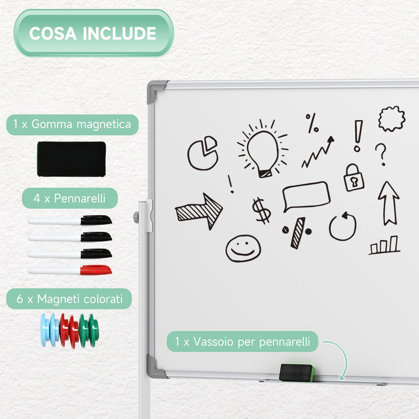 2-Sided White Magnetic Whiteboard with Accessories and 4 Wheels, in Aluminum and Steel, 127x50x165 cm