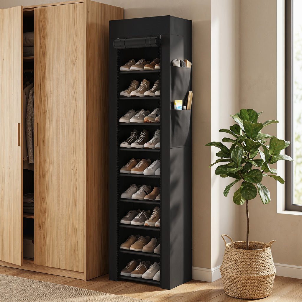 HOMCOM 10-Tier Shoe Rack, Dust Cover, 20 Pairs, 45x30x175 cm, Black