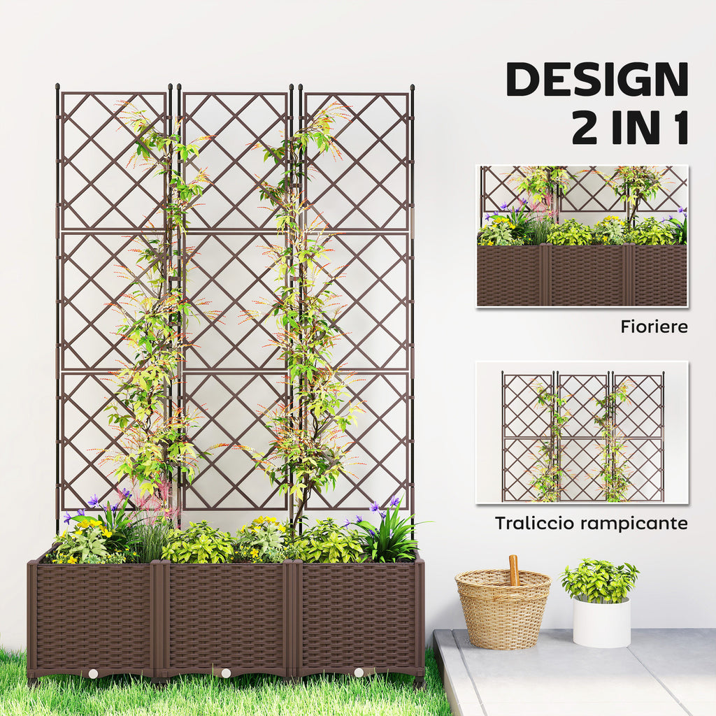 Outsunny 130L Raised Trellis Planter with Lockable Wheels and Self-Watering System, Brown