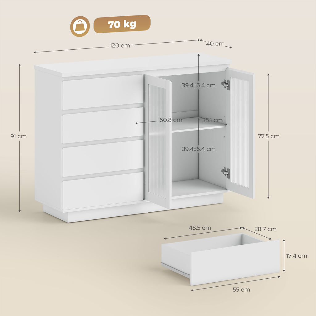 Wooden Buffet Sideboard with 4 Drawers and Cabinet with Glass Doors and Adjustable Shelves, 120x40x91 cm, White