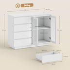 Wooden Buffet Sideboard with 4 Drawers and Cabinet with Glass Doors and Adjustable Shelves, 120x40x91 cm, White
