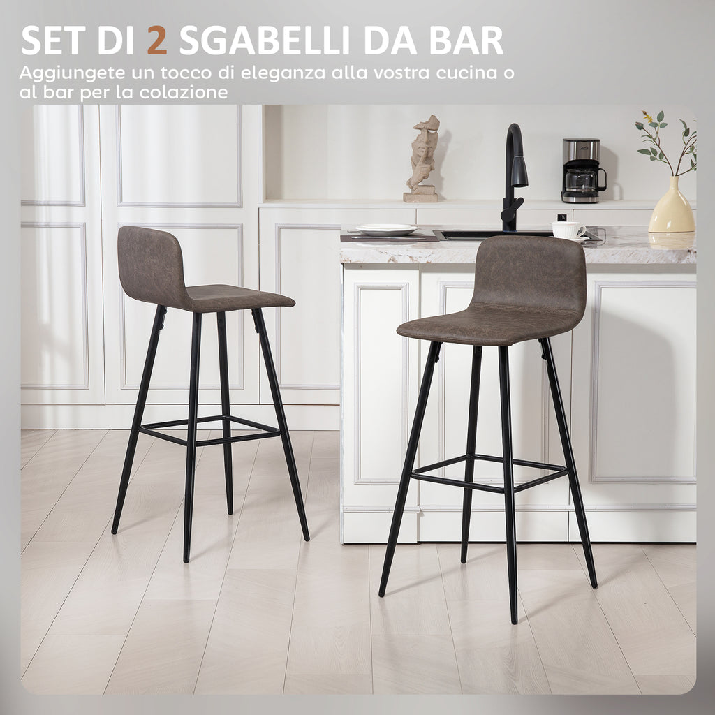 Set of 2 Bar Stools with Low Backrest and Footrest, PU Upholstery and Steel Legs, Dark Brown