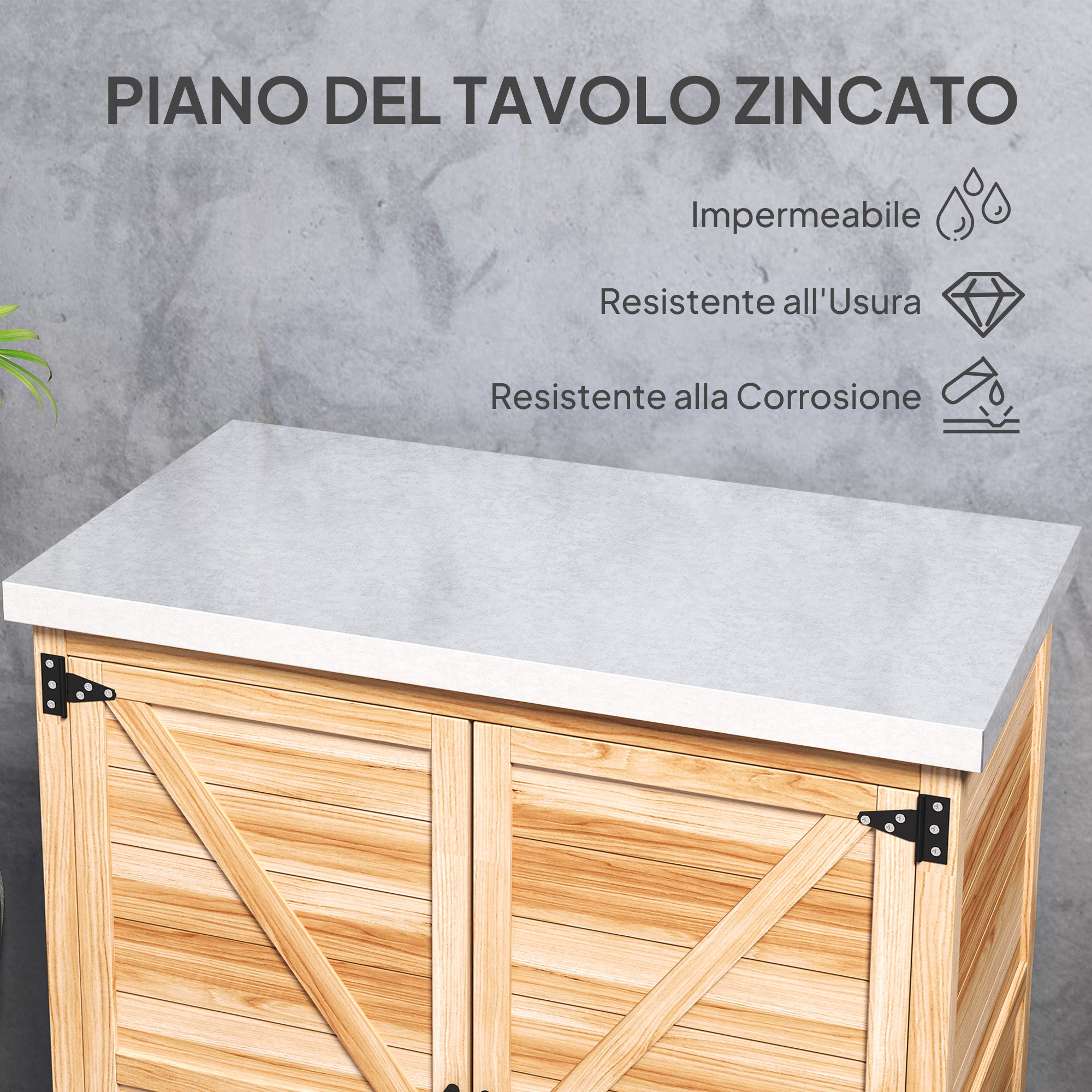 Outdoor Cabinet with Internal Shelf and Work Bench, in Wood and Galvanized Steel, 79x43x92 cm, Wood color