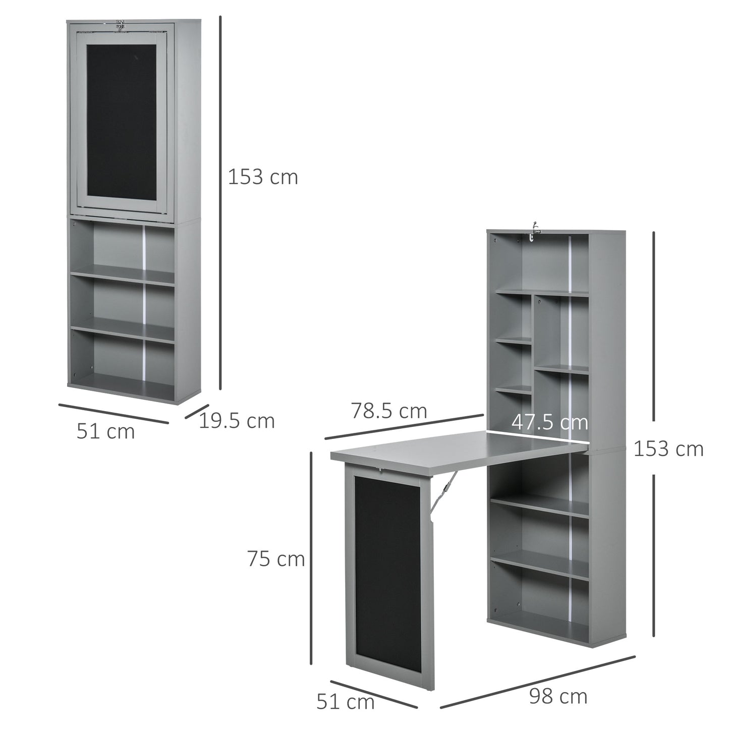 Folding PC Desk with 9-Tier Bookcase in Wood and Metal, 98x51x153 cm, Grey